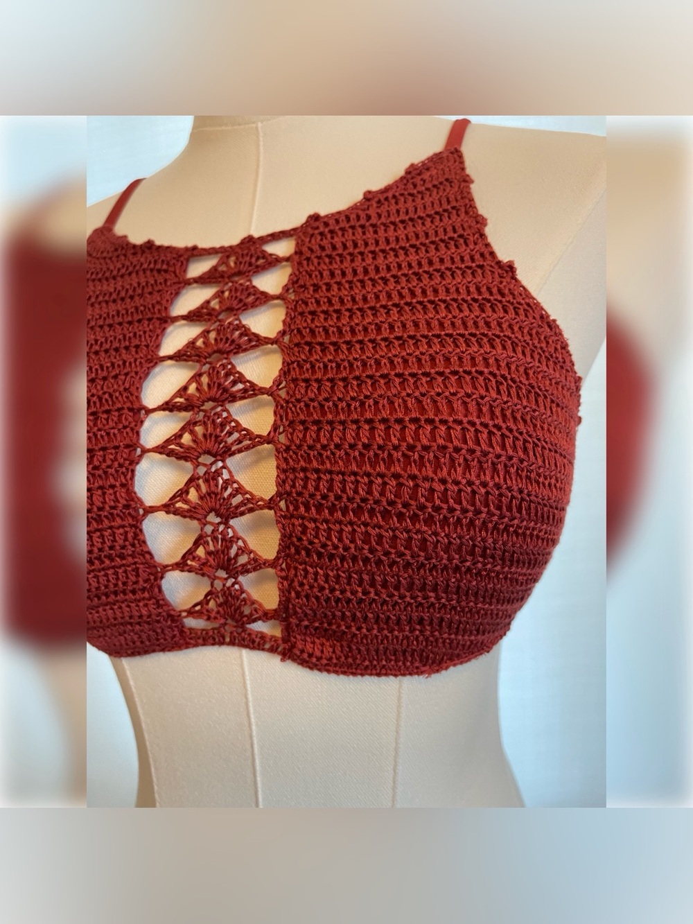 Going Out Top Crochet Burnt Orange Red Rust CrossBack Lattice Halter Bikini Crop